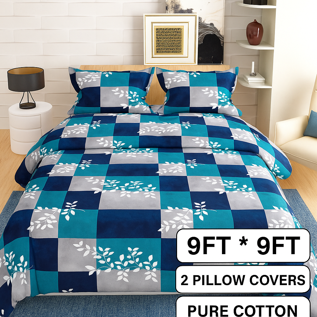 Comfort Shoppy 350 TC Cotton Super King, King Floral Flat Bedsheet (Pack of 1, Blue base, Grey, White)