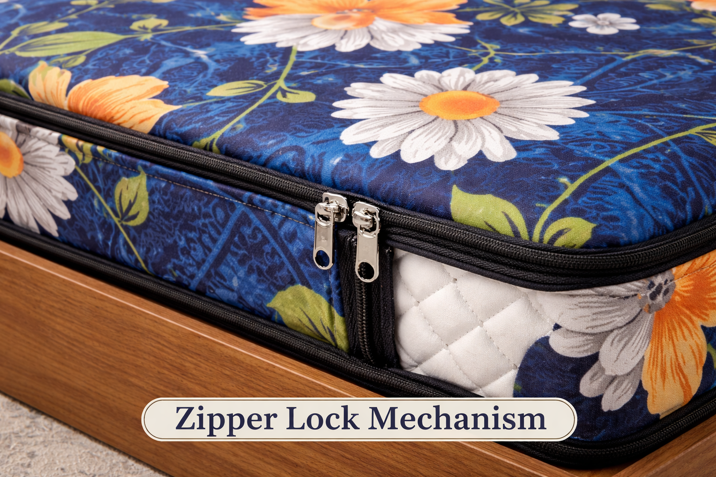Comfort Shoppy Single Size Zippered Cotton Stretchable Mattress Cover (Navy blue, yellow)