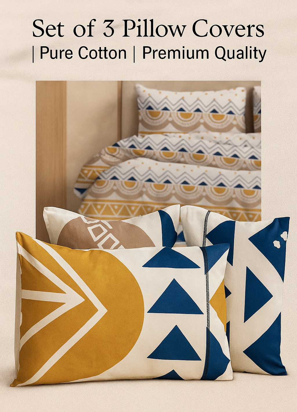 Comfort Shoppy 280 TC Cotton Super King, King Abstract Flat Bedsheet (Pack of 1, White Base, Yellow & Blue Print)