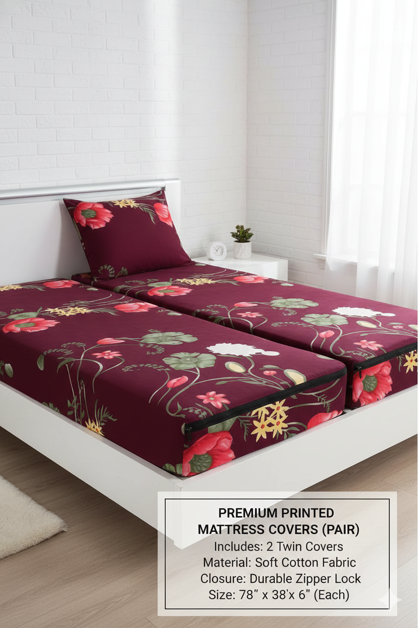 Comfort Shoppy Single Size Zippered Cotton Stretchable Mattress Cover (Maroon)