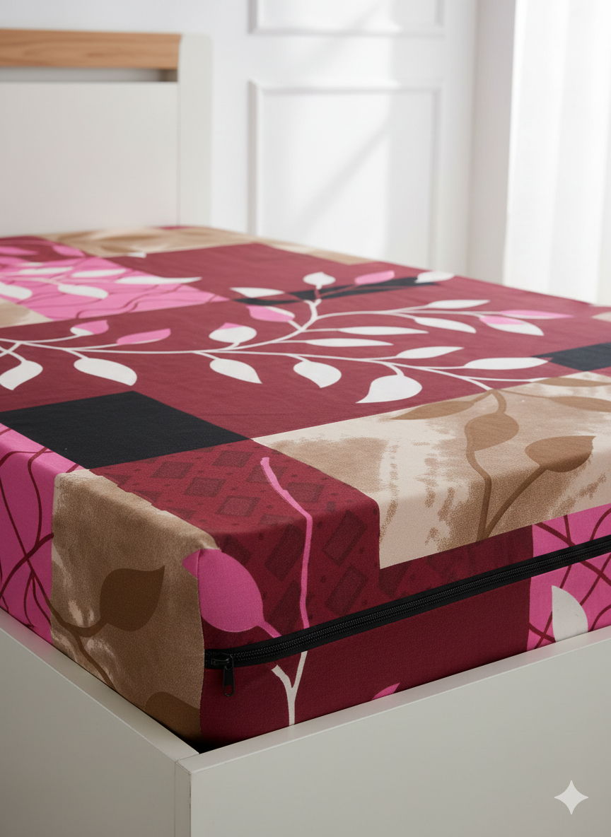 Comfort Shoppy Single Size Zippered Cotton Stretchable Mattress Cover (Maroon, Pink)
