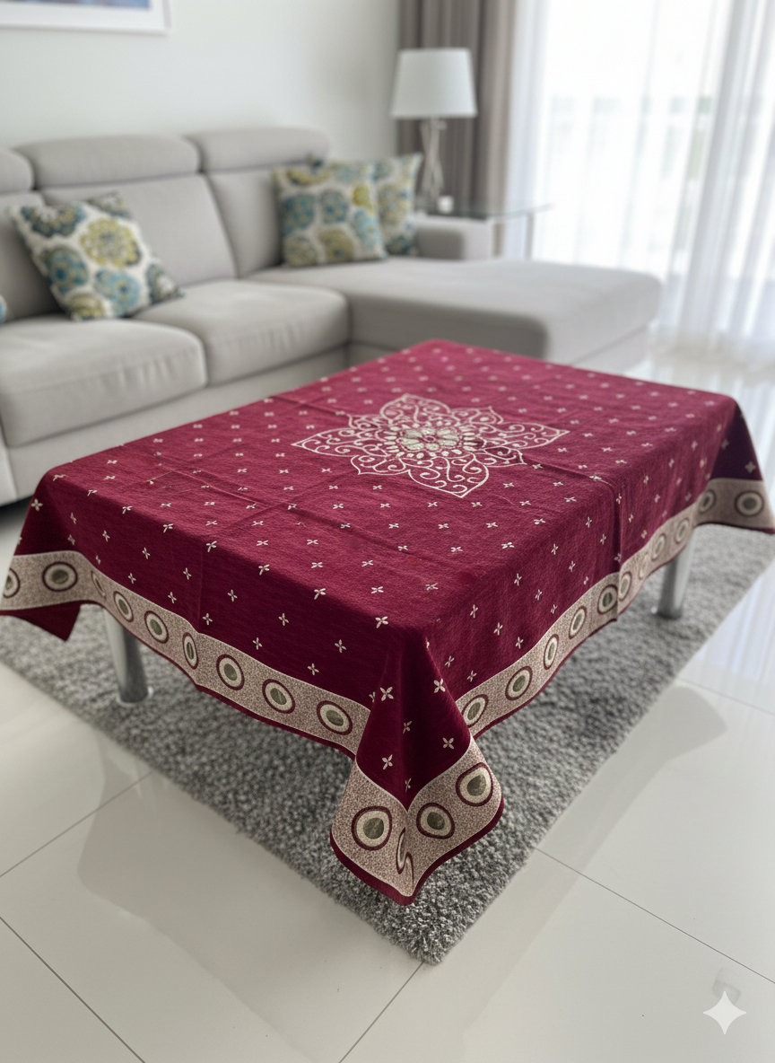 Comfort Shoppy Velvet 6 Seater Embroidered Table Cover (Maroon, Golden)