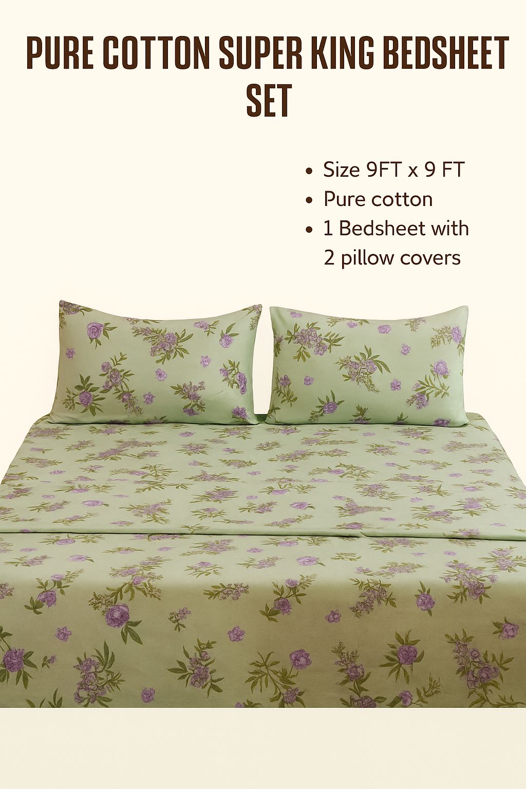 Comfort Shoppy Cotton Super King, Double, King Flat 350 TC Floral Bedsheet (Pack of 1, Green, Golden)