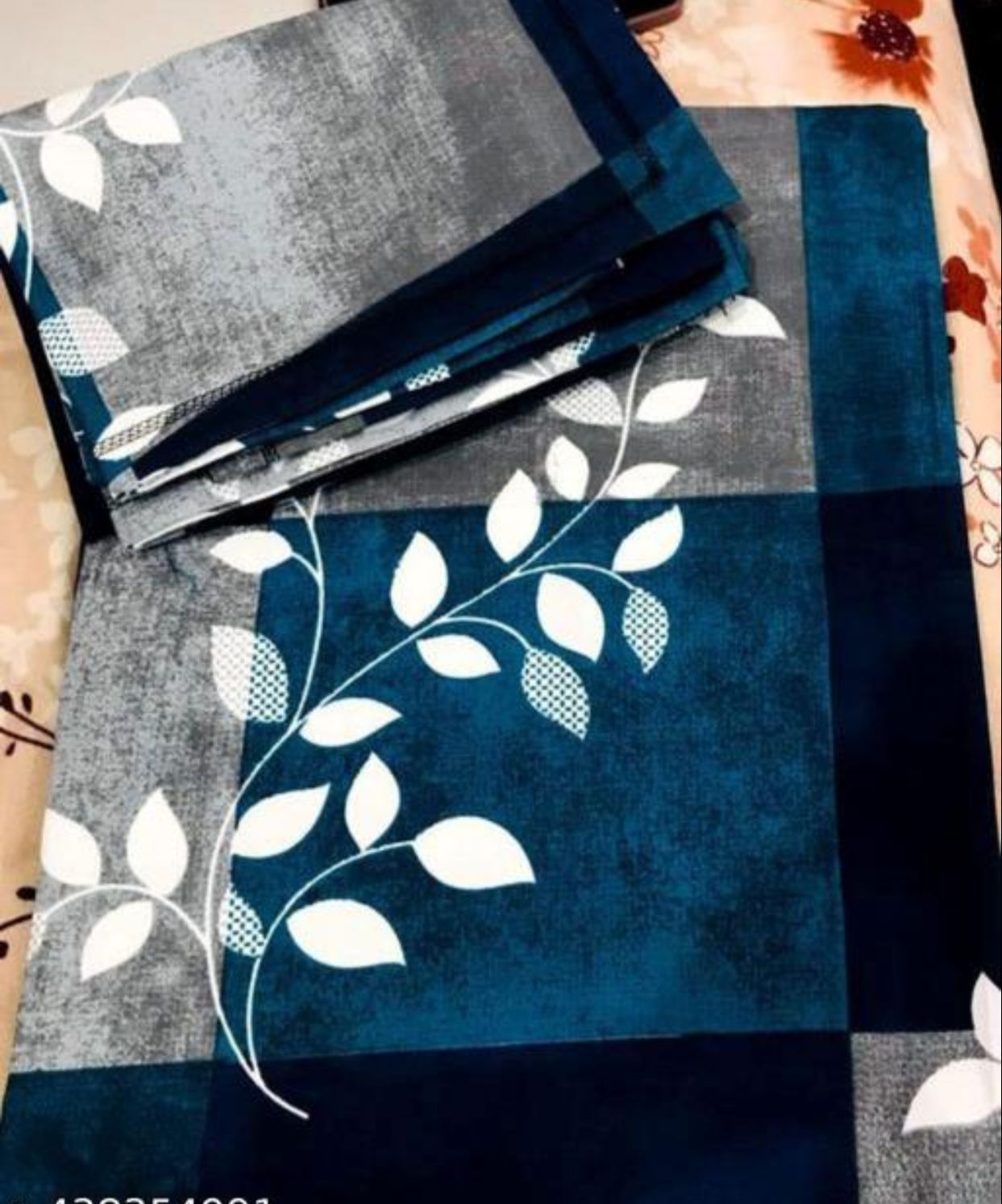 Comfort Shoppy 350 TC Cotton Super King, King Floral Flat Bedsheet (Pack of 1, Blue base, Grey, White)