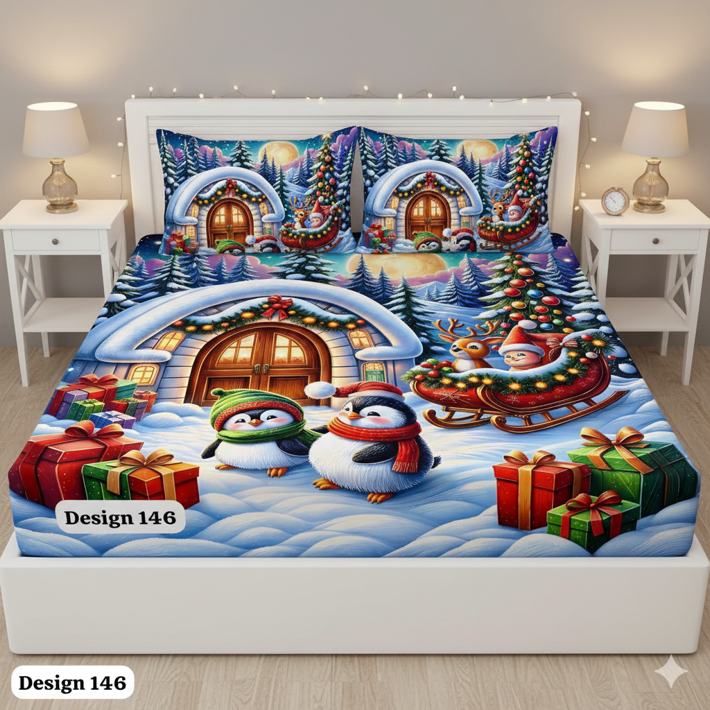 Comfort Shoppy Cotton King Flat 400 TC Winter & Christmas Special Premium 7D Printed Bedsheet with 2 Pillow Covers | 108x108 | Pack of 1 | Blue & White