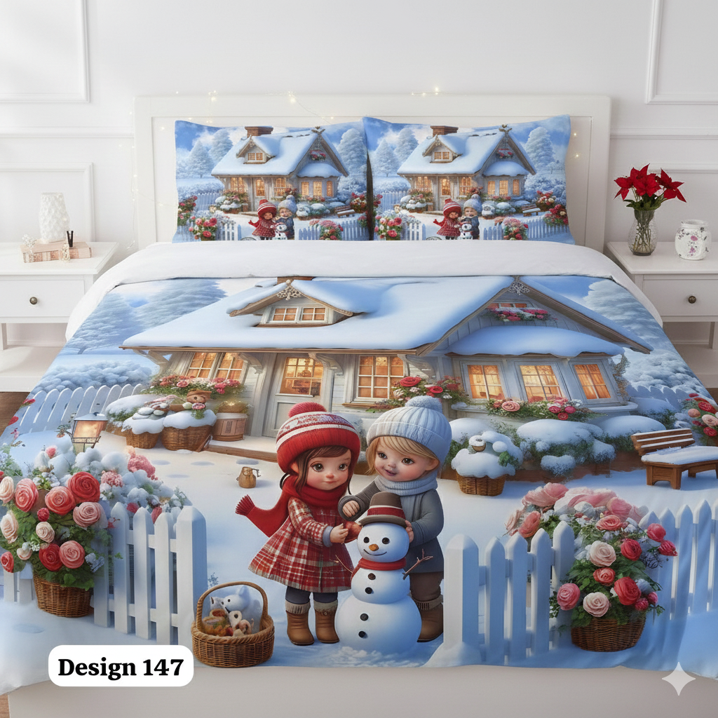 Comfort Shoppy Cotton King Flat 400 TC Winter & Christmas Special Premium 7D Printed Bedsheet with 2 Pillow Covers | 108x108 | Pack of 1 | Blue & White