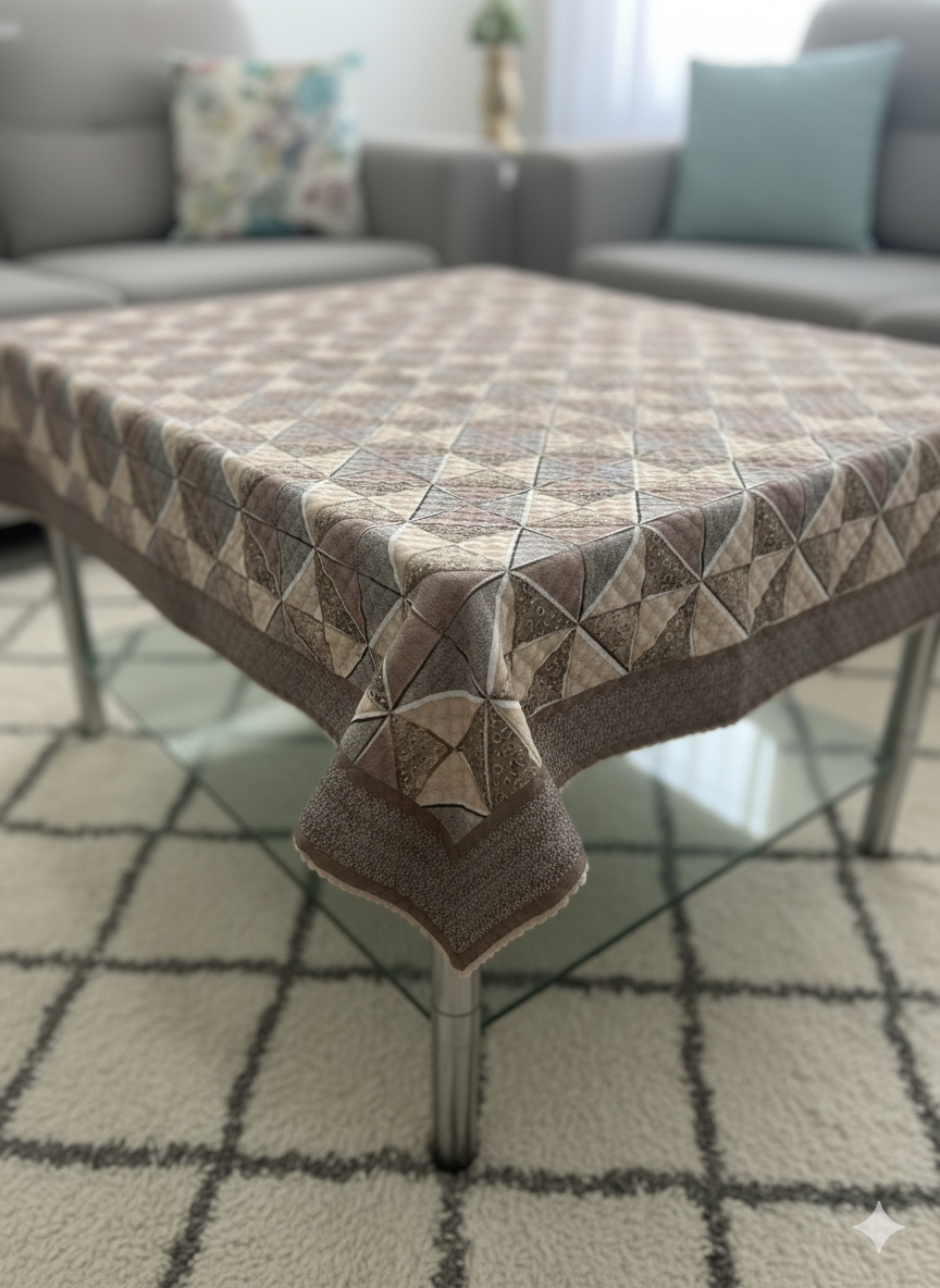 Comfort Shoppy Velvet 6 Seater Geometric Table Cover (White, Brown)