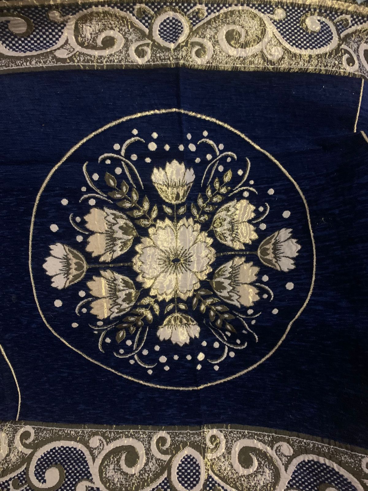 Comfort Shoppy Velvet 6 Seater Embroidered Table Cover (Navy Blue, Golden)