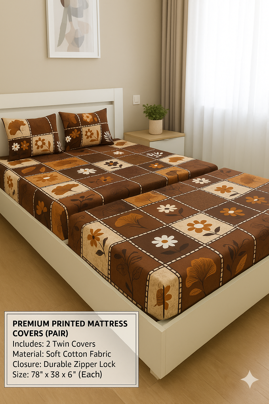 Comfort Shoppy Single Size Zippered Cotton Stretchable Mattress Cover  (Brown, Beige)