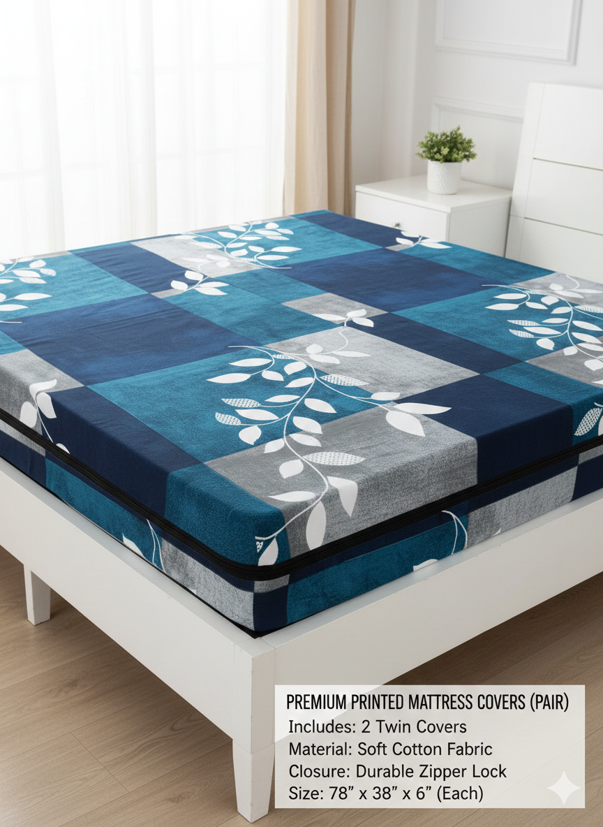Comfort Shoppy Single Size Zippered Cotton Stretchable Mattress Cover  (Blue, Grey)
