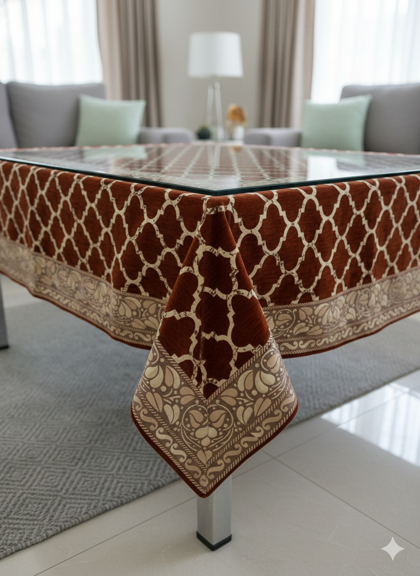 Comfort Shoppy Velvet 6 Seater Geometric Table Cover  (Maroon, Golden)