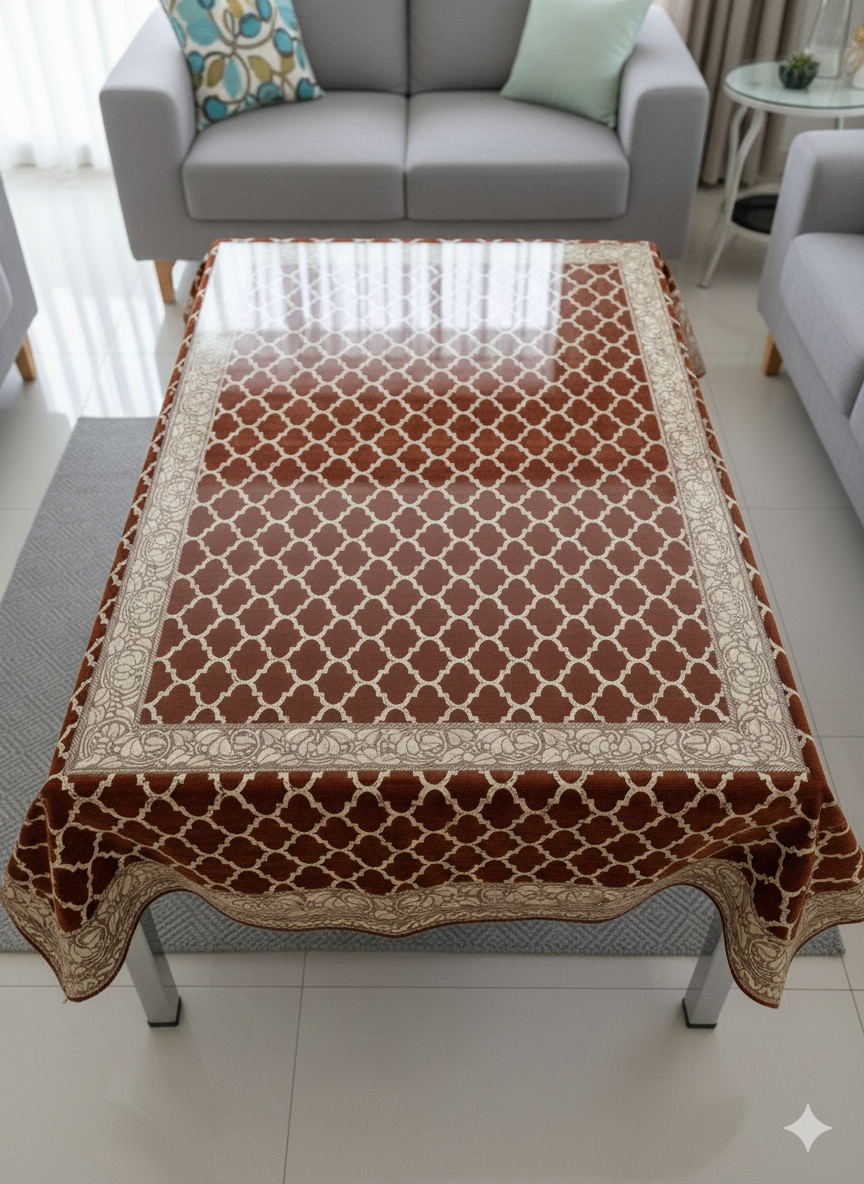 Comfort Shoppy Velvet 6 Seater Geometric Table Cover  (Maroon, Golden)