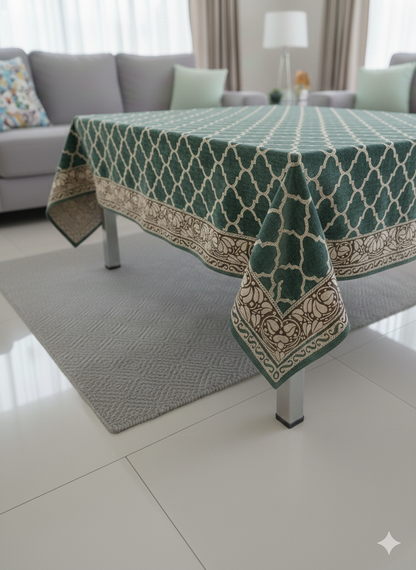 Comfort Shoppy Velvet 6 Seater Geometric Table Cover  (Green, Golden)