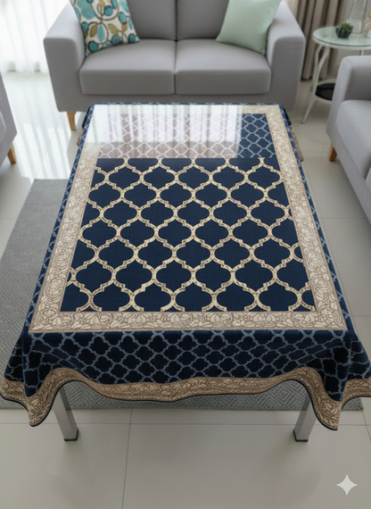 Comfort Shoppy Velvet 6 Seater Geometric Table Cover  (Golden, Blue)