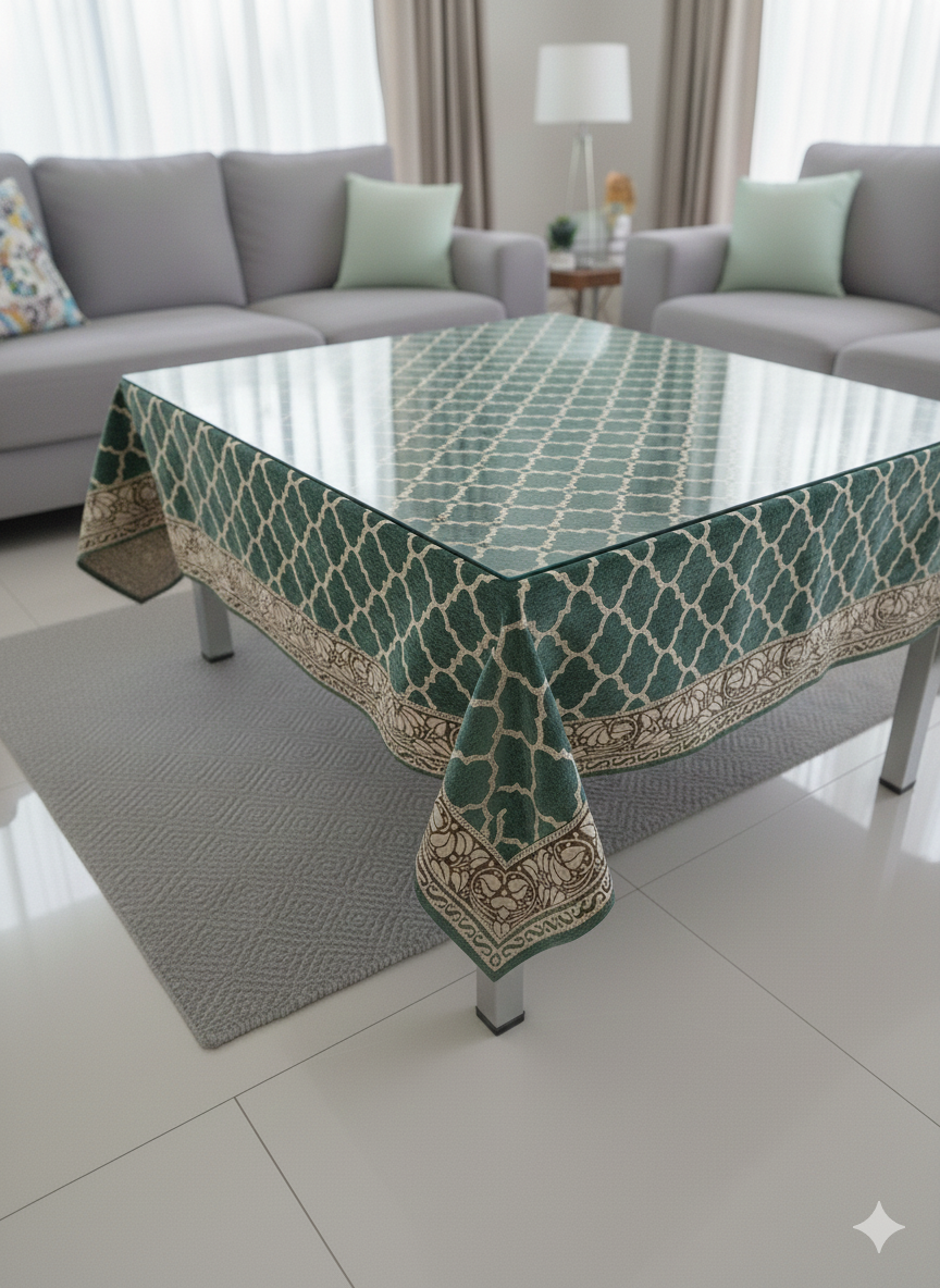 Comfort Shoppy Velvet 6 Seater Geometric Table Cover  (Green, Golden)