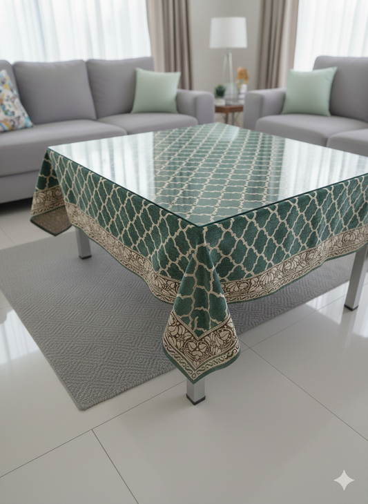 Comfort Shoppy Velvet 6 Seater Geometric Table Cover  (Green, Golden)