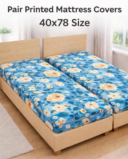 Comfort Shoppy Single Size Zippered Cotton Stretchable Mattress Cover (Blue, Yellow)