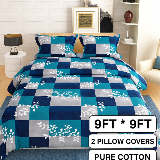 Comfort Shoppy 350 TC Cotton Super King, King Floral Flat Bedsheet  (Pack of 1, Blue base, Grey, White)