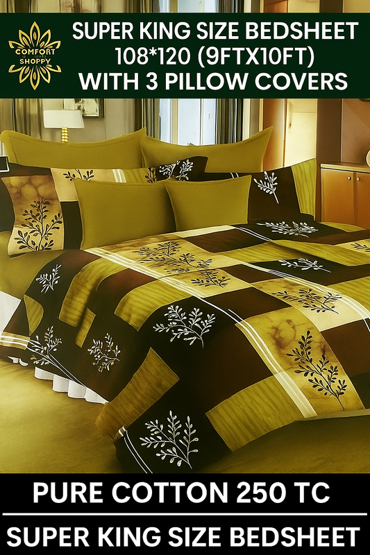 Comfort Shoppy 250 TC Cotton King, Super King Printed Flat Bedsheet  (Pack of 1, Light & Dark Brown color, Mustard color, Black & White leaves printed)