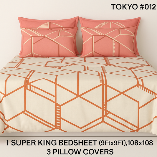 Comfort Shoppy 280 TC Cotton Super King 3D Printed Flat Bedsheet  (Pack of 1, White color base, Orange color print)
