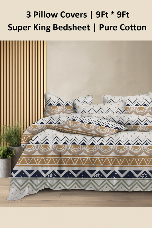 Comfort Shoppy 280 TC Cotton Super King, King Abstract Flat Bedsheet  (Pack of 1, White Base, Yellow & Blue Print)