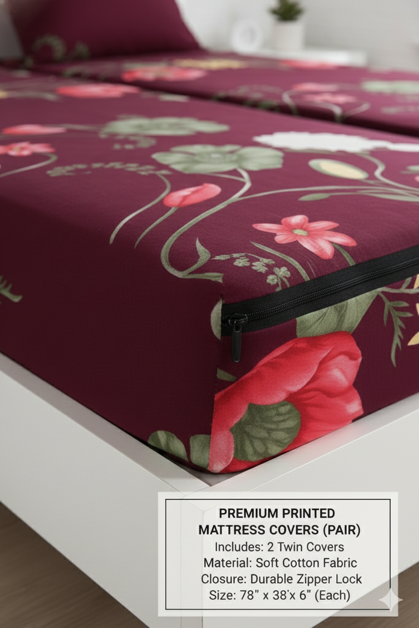 Comfort Shoppy Single Size Zippered Cotton Stretchable Mattress Cover  (Maroon)