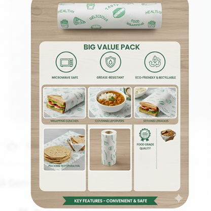 Comfort shoppy Butter Paper Roll 500g, Food Wrapping Paper | Oil Proof Grease Resistant | Lunch Box Packing, Tiffin Wrap, Sandwich, Burger, Baking, Bakery & Restaurant Use, Green Print.
