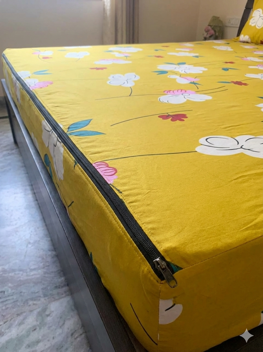 Comfort Shoppy Single Size Zippered Cotton Stretchable Mattress Cover (Yellow, White)