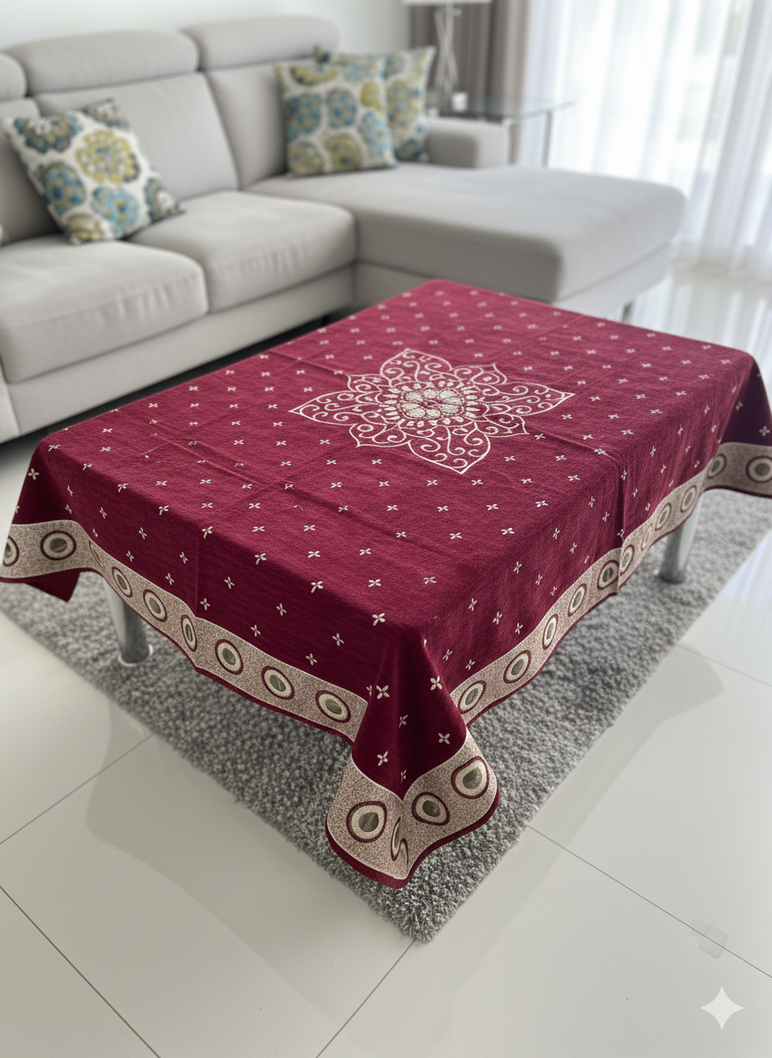 Comfort Shoppy Velvet 6 Seater Embroidered Table Cover  (Maroon, Golden)