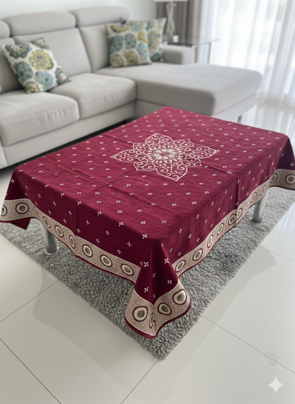 Comfort Shoppy Velvet 6 Seater Embroidered Table Cover  (Maroon, Golden)