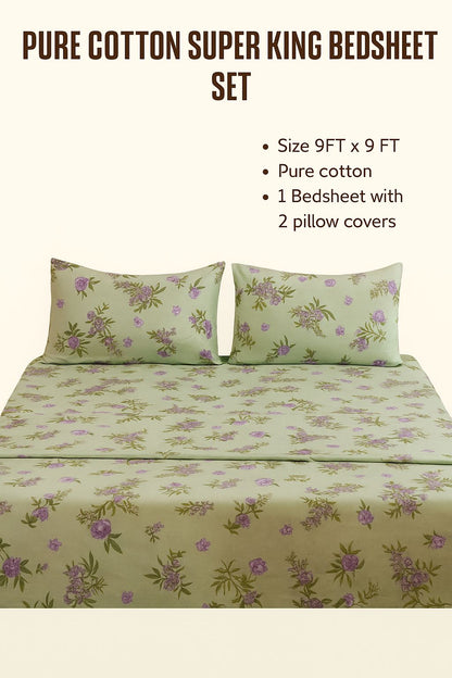 Comfort Shoppy Cotton Super King, Double, King Flat 350 TC Floral Bedsheet  (Pack of 1, Green, Golden)