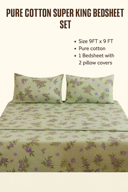 Comfort Shoppy Cotton Super King, Double, King Flat 350 TC Floral Bedsheet  (Pack of 1, Green, Golden)