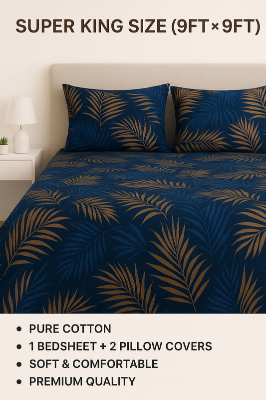 Comfort Shoppy Cotton Super King, Double, King Flat 350 TC Printed Bedsheet  (Pack of 1, Blue, GOLDEN)