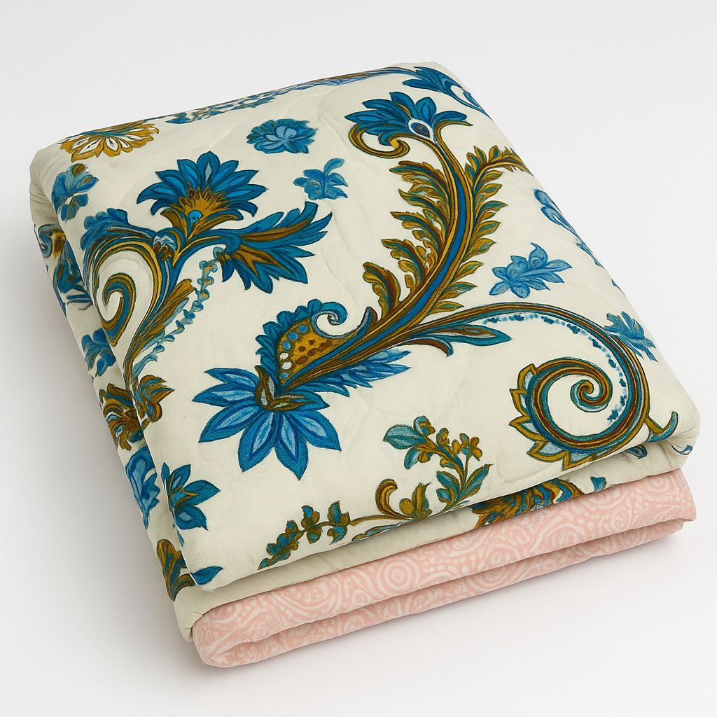 Comfort Shoppy Motifs Single Comforter for Mild Winter  (Cotton, White, Blue, Pink)