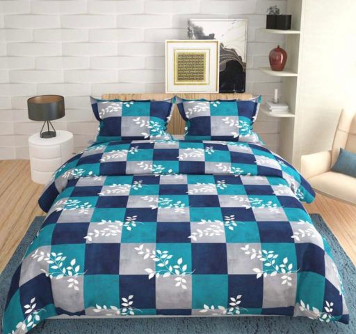 Comfort Shoppy 350 TC Cotton Super King, King Floral Flat Bedsheet  (Pack of 1, Blue base, Grey, White)