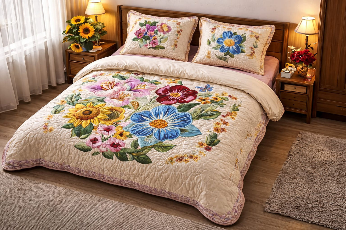 Cotton Super King Flat,108 * 108 400 TC Floral 1 Bedsheet with 2 Pillow Covers (Multicolor), Quilted Print.