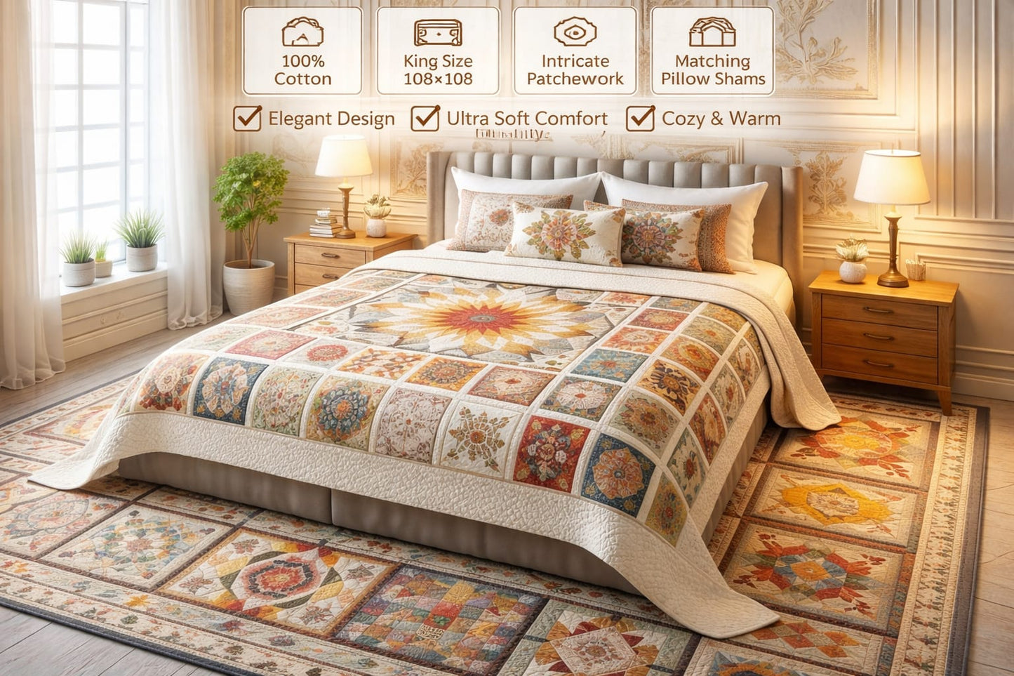 Cotton Super King, 108 * 108 Flat 400 TC Floral 1 Bedsheet with 2 Pillow Covers (Multicolor), Quilted Print