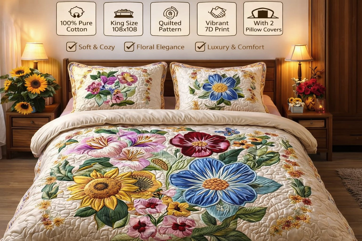 Cotton Super King Flat,108 * 108 400 TC Floral 1 Bedsheet with 2 Pillow Covers (Multicolor), Quilted Print.