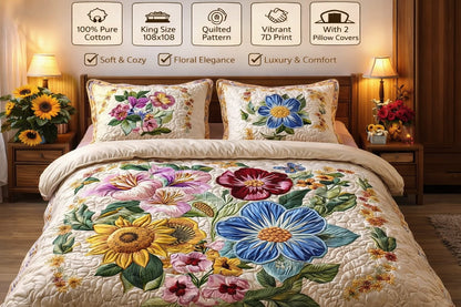 Cotton Super King Flat,108 * 108 400 TC Floral 1 Bedsheet with 2 Pillow Covers (Multicolor), Quilted Print.