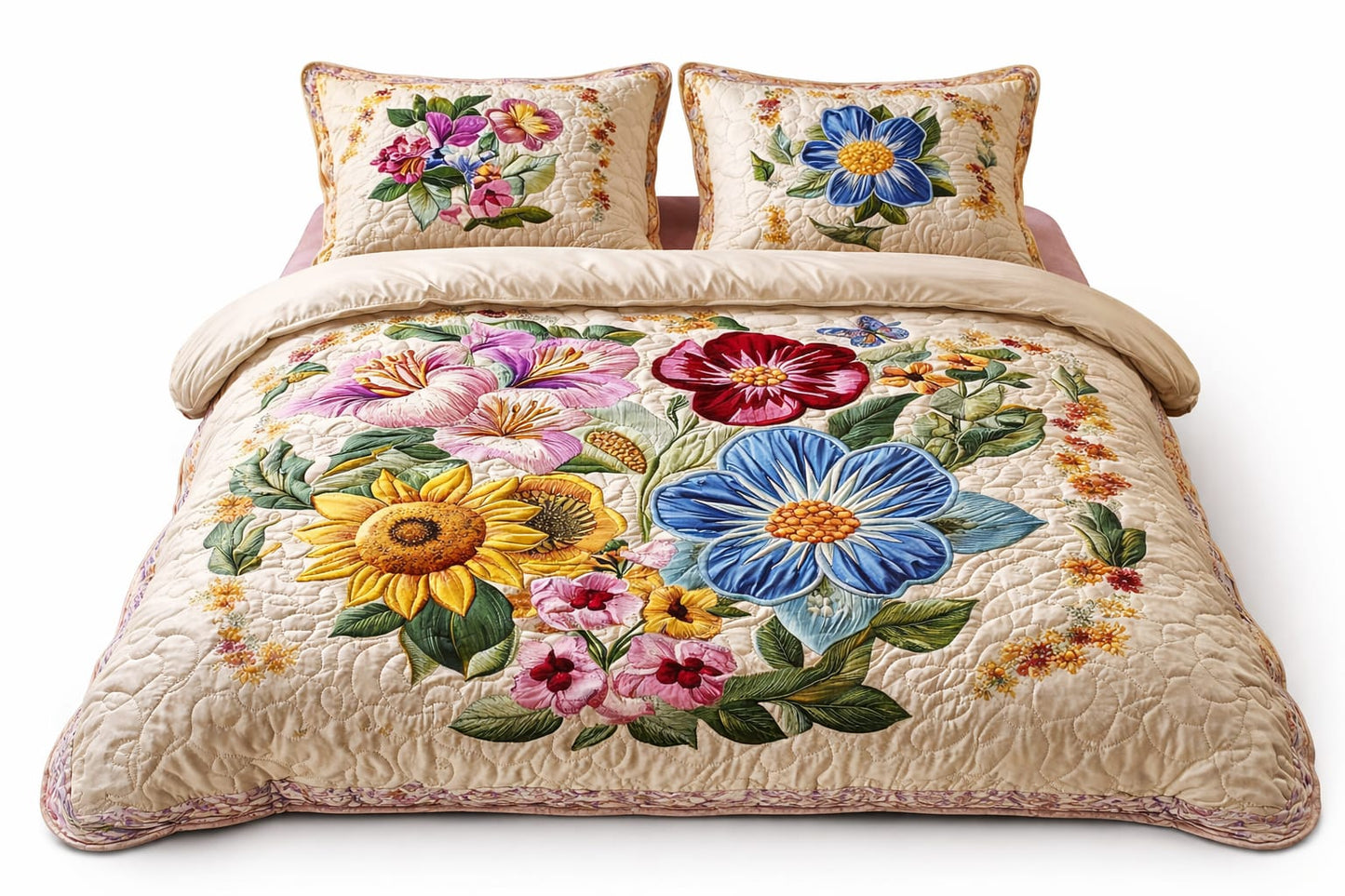 Cotton Super King Flat,108 * 108 400 TC Floral 1 Bedsheet with 2 Pillow Covers (Multicolor), Quilted Print.
