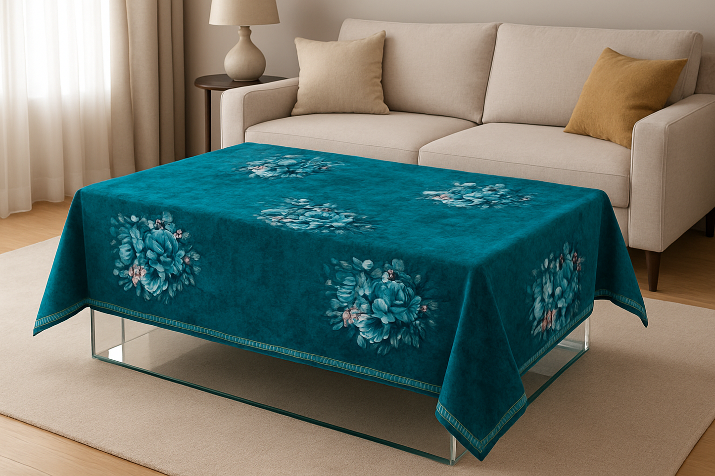 Comfort Shoppy Velvet 6 Seater Floral Table Cover  (White, teal green, teal)