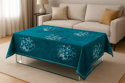 Comfort Shoppy Velvet 6 Seater Floral Table Cover  (White, teal green, teal)