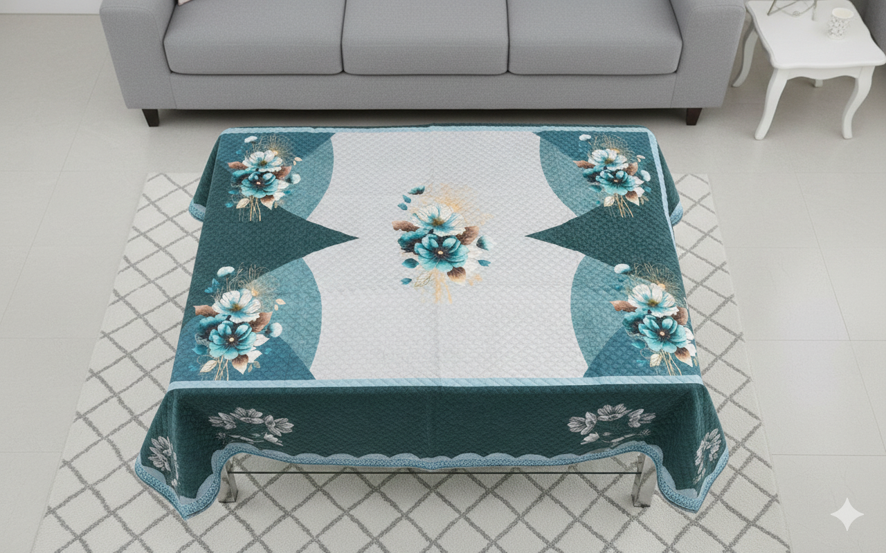 Comfort Shoppy Velvet 6 Seater Floral Table Cover  (Green, White)