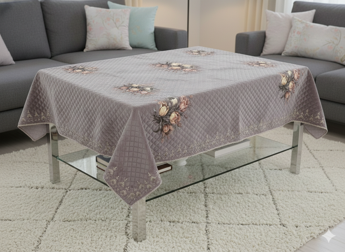 Comfort Shoppy Velvet 6 Seater Floral Table Cover  (Grey)