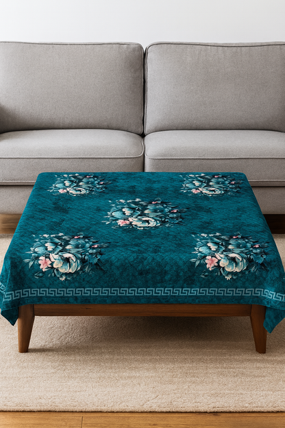 Comfort Shoppy Velvet 6 Seater Floral Table Cover  (White, teal green, teal)