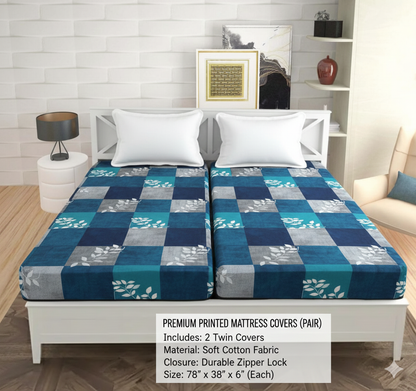 Comfort Shoppy Single Size Zippered Cotton Stretchable Mattress Cover  (Blue, Grey)