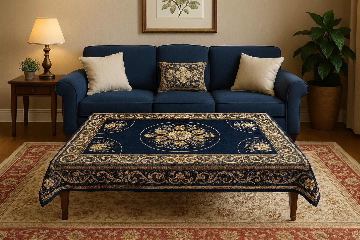 Comfort Shoppy Velvet 6 Seater Embroidered Table Cover  (Navy Blue, Golden)