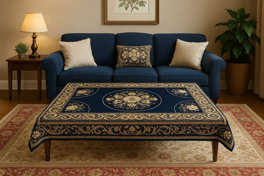 Comfort Shoppy Velvet 6 Seater Embroidered Table Cover  (Navy Blue, Golden)