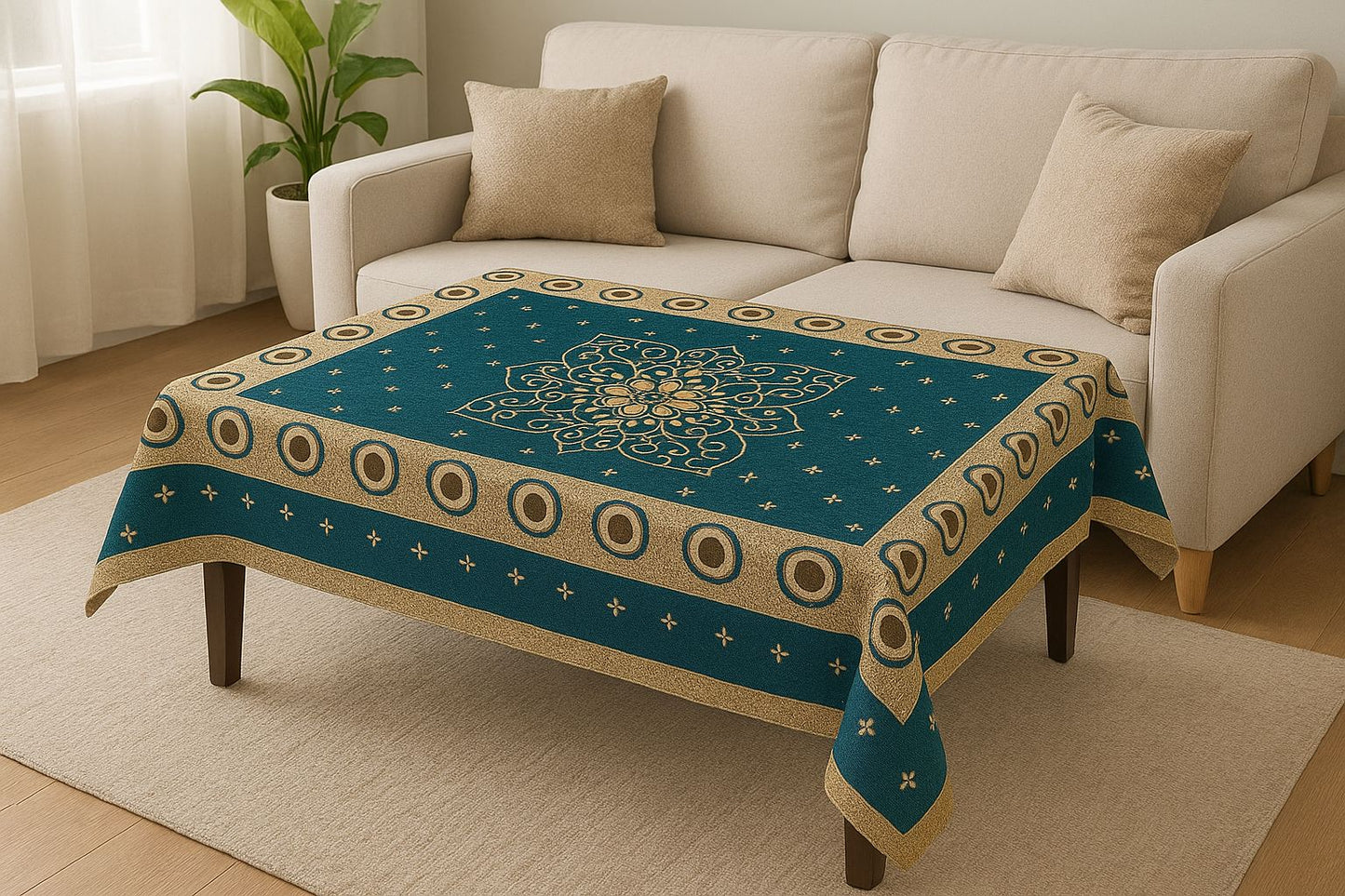Comfort Shoppy Velvet 6 Seater Embroidered Table Cover  (Green, teal)