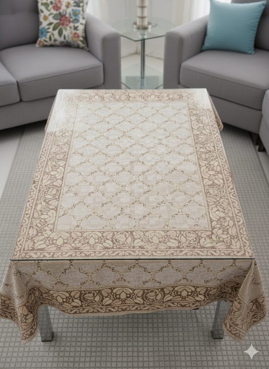 Comfort Shoppy Velvet 6 Seater Geometric Table Cover  (off white, Golden)